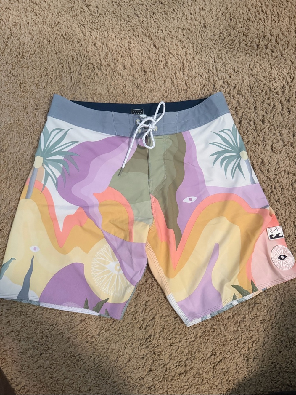 Billabong Multicolor Pastel Wave & Palm Print Swim Board Shorts